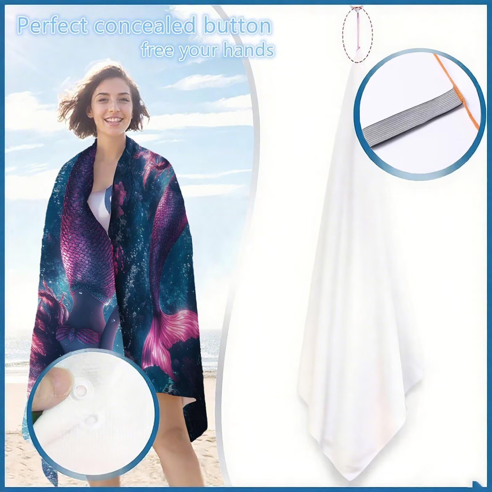 Ręcznik plażowy syrenka ręczniki plażowe dla dorosłych 85 x 170 cm ręcznik z mikrofibry morski ręcznik kąpielowy bez piasku, miękki, chłonny, szybkoschnący, lekki, do pływania, na plażę, jogę, kemping