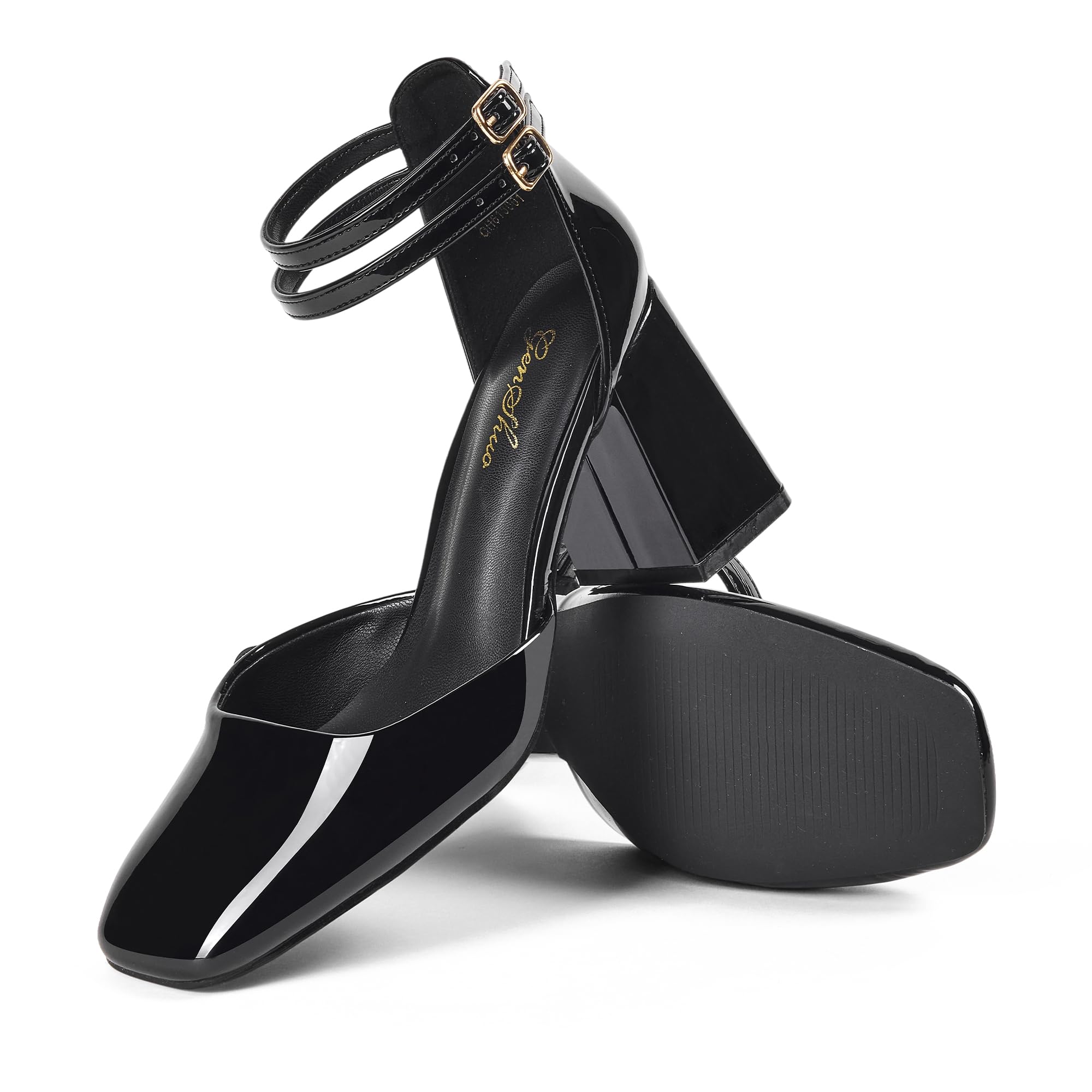 GENSHUO Zapatos de Tacón Grueso para Mujer, Doble Correa al Tobillo, Punta Cuadrada, Tacones Elegantes y Cómodos para Vestimenta Formal