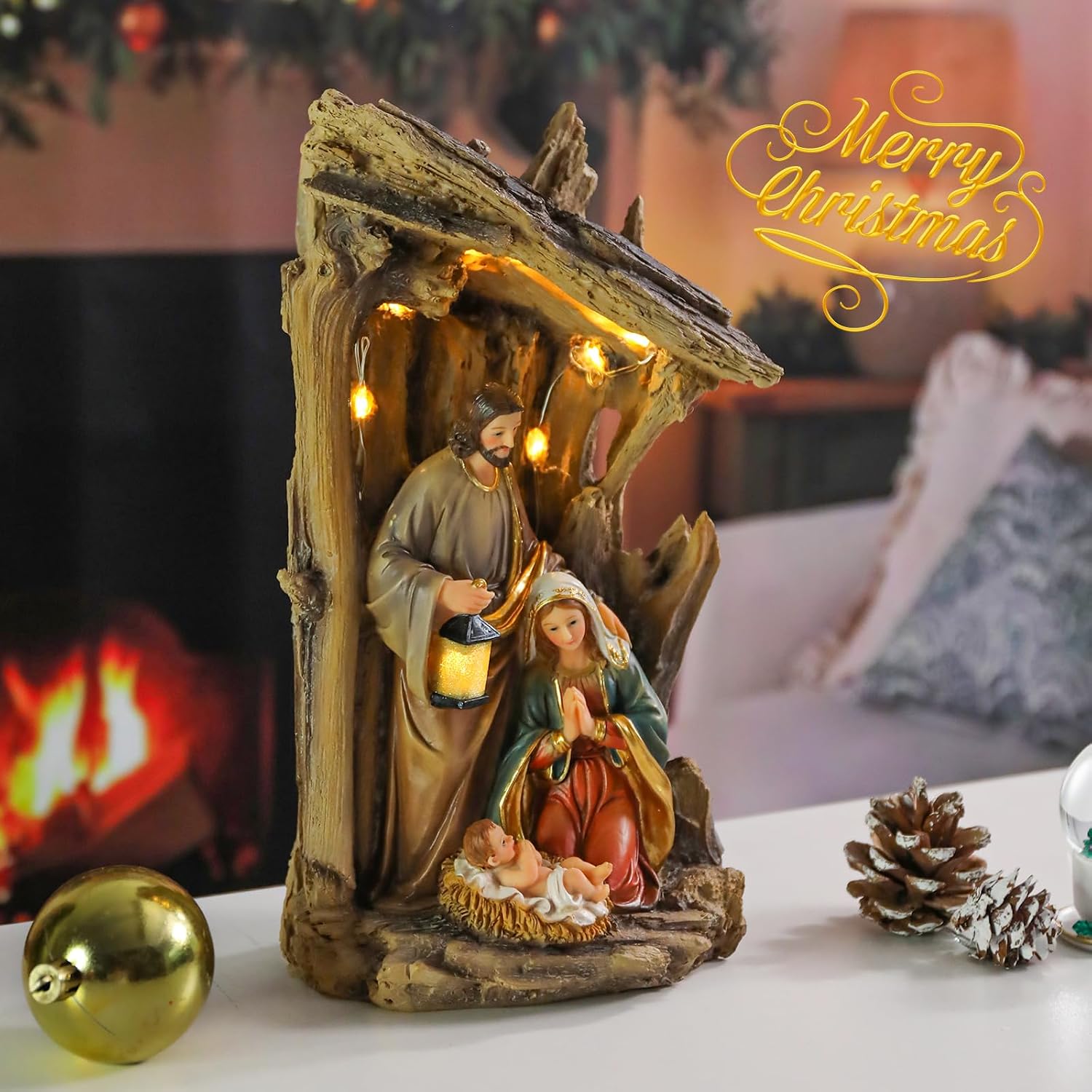 MUMTOP Nativity Set Indoor, Lighted Nativity Scene for Christmas Decoration | Resin Nativity Sets Manger Scene, 11.4'' Holy Family Figurine for Christmas Mantel, Shelves, Tabletop, Faith-Filled Gifts