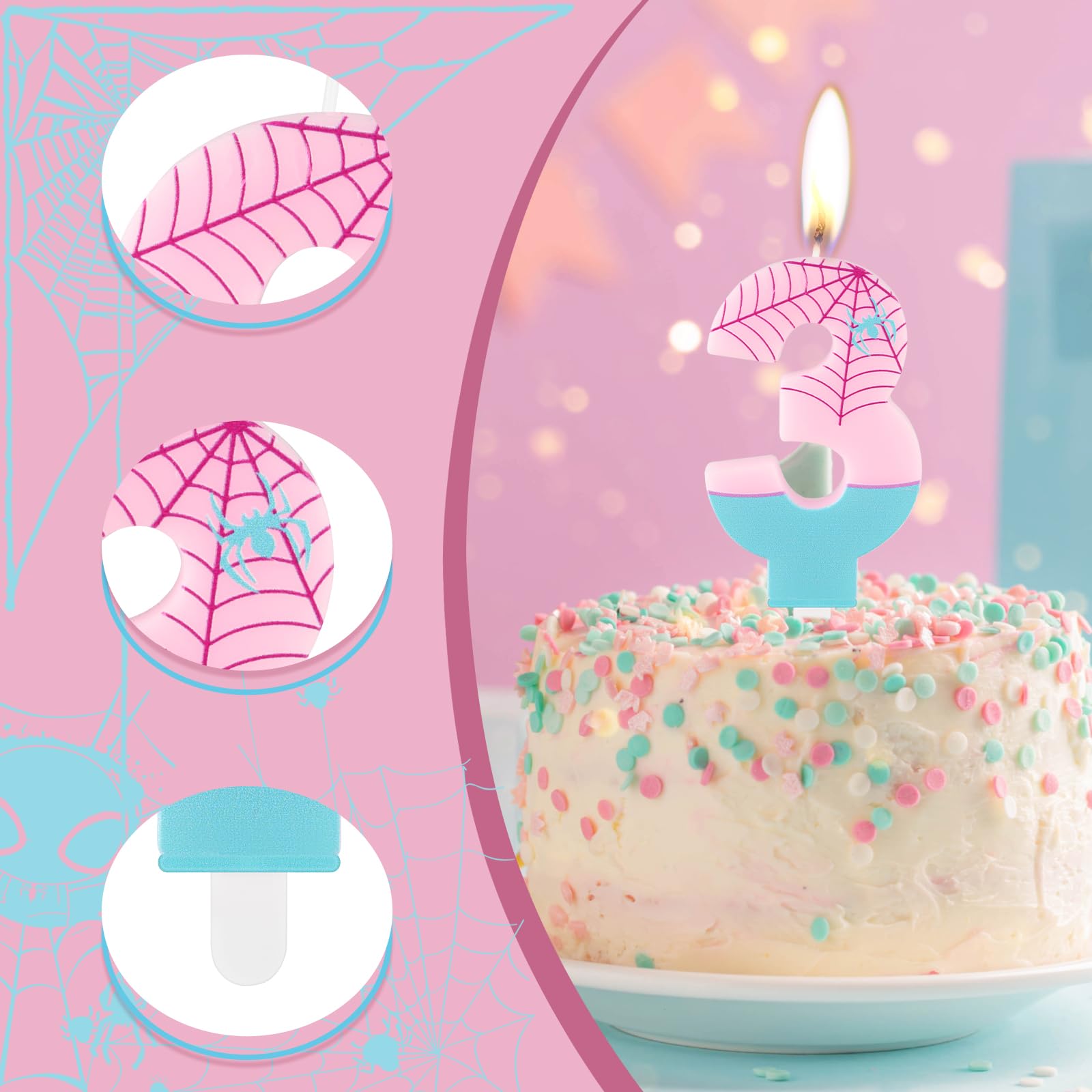 Vela de número de araña, velas de cumpleaños rosas para pastel, velas de cumpleaños número 4, decoraciones de velas para araña y sus increíbles amigos, suministros de fiesta para niños y