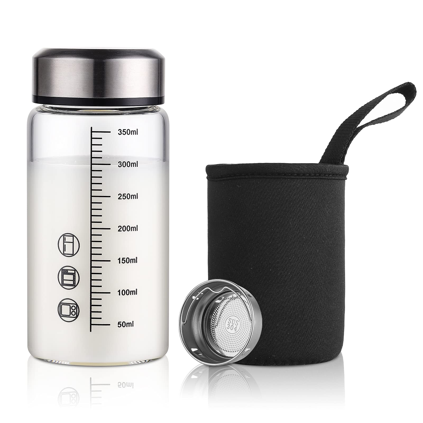 Zonostor Botella De Agua De Vidrio Pequeña De 12 Onzas – Botella Hermética De Vidrio Con Tapa Y Funda, Filtro, Botella De Vidrio De Boca Ancha Para Café Y Jugo De