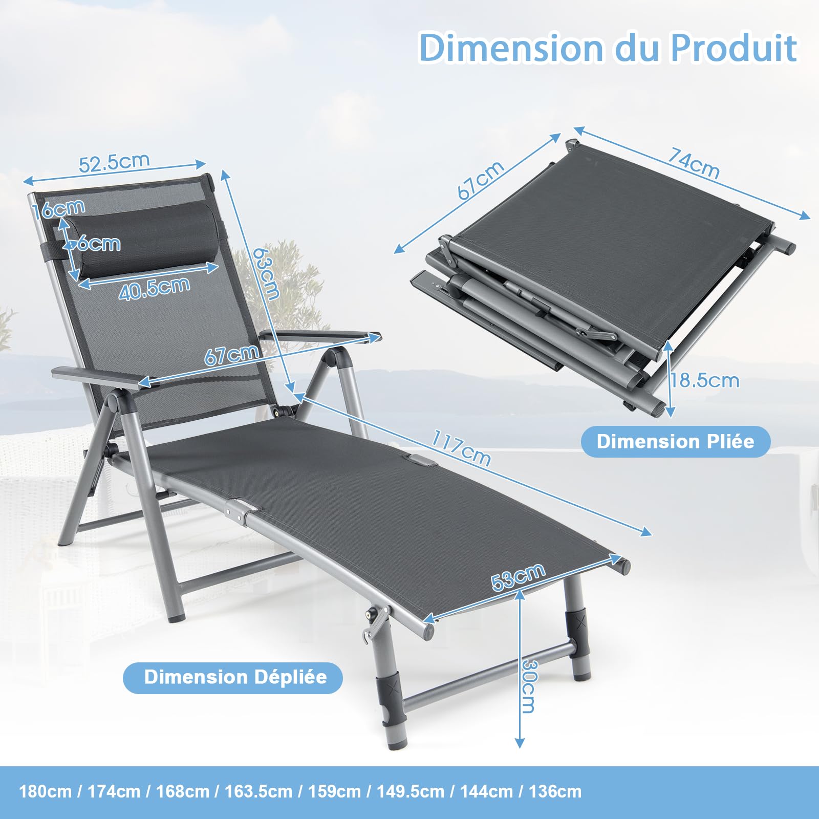 GIANTEX Chaise longue pliable - En aluminium - Avec dossier et repose-pieds réglables - Avec coussin - Chaise longue d'extérieur avec coussin - Chaise longue de voyage - Chaise longue de détente
