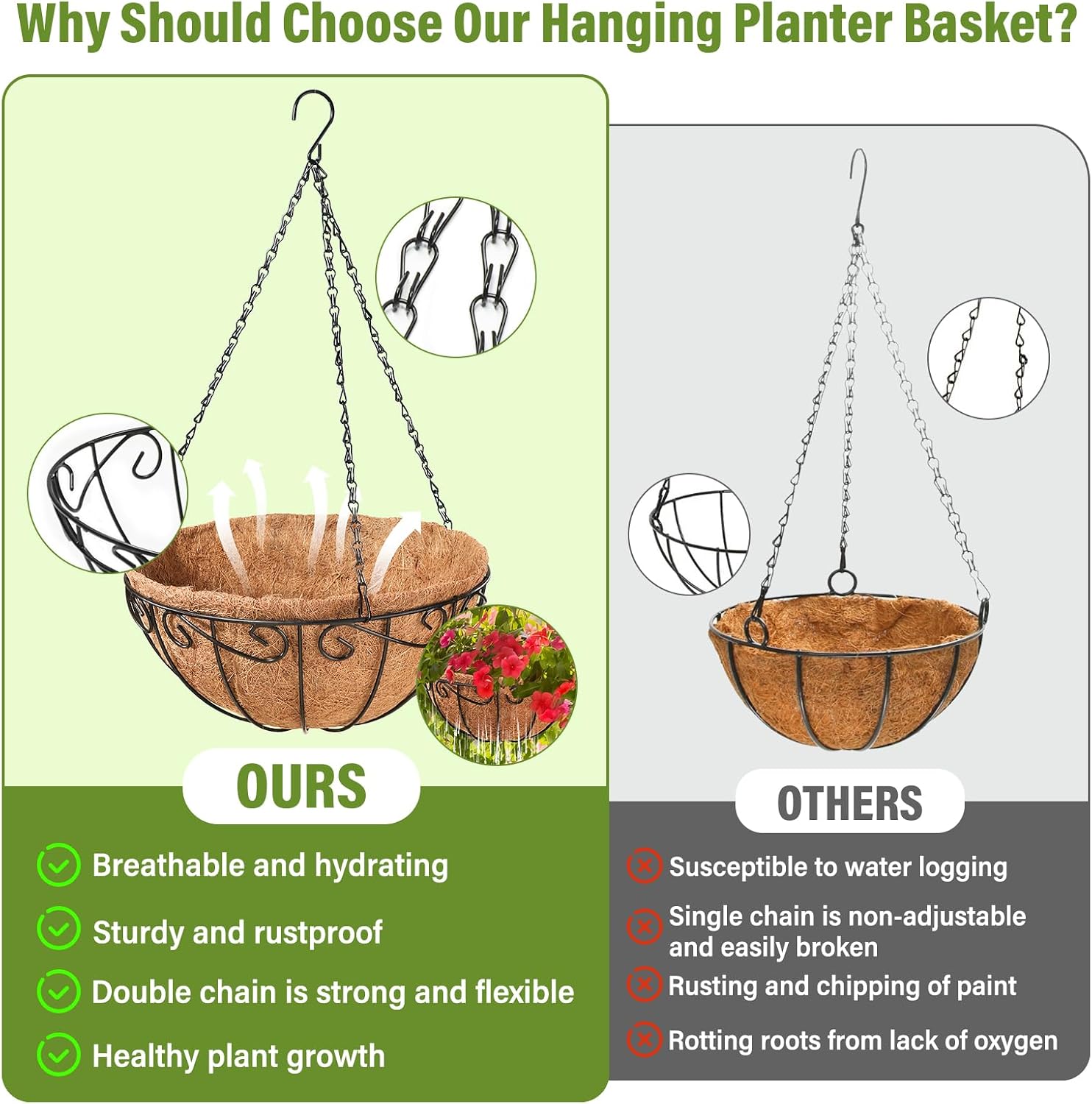 Legigo 3 Pack 12 Inch Metal Hanging Baskets for Plants Outdoor- Round Wire Hanging Planters Basket with Coconut Coir Liner, Hanging Flower Pot for Outdoor Plants Flowers Garden Decorations