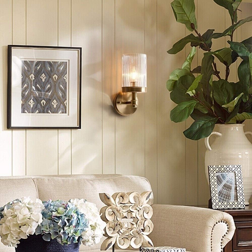 Moderne Innenwandleuchte Schlafzimmer Nacht Leselampe Einfachheit Spiegel Frontleuchte Gebürstetes Gold Finish Nordische Wandleuchte Wandleuchte für Wohnzimmer Kupfergitter Gestreifte Glaswandleuchte