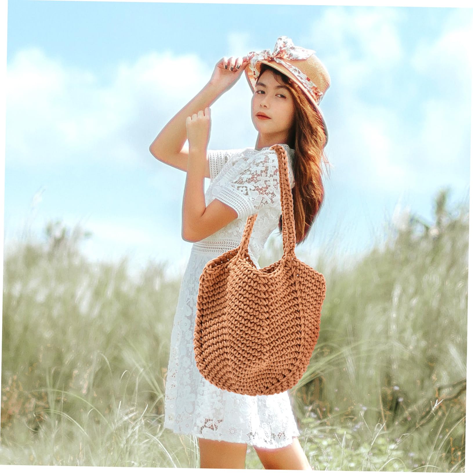 LIFKOME Sacca Da Spiaggia Di Di Cotone Borsa Tote Totalizzatore Tote Bag Borse Da Donna Borsa Intrecciata Borse Da Spiaggia Per Le Vacanze Delle Donne Corda Di Cotone Bianca