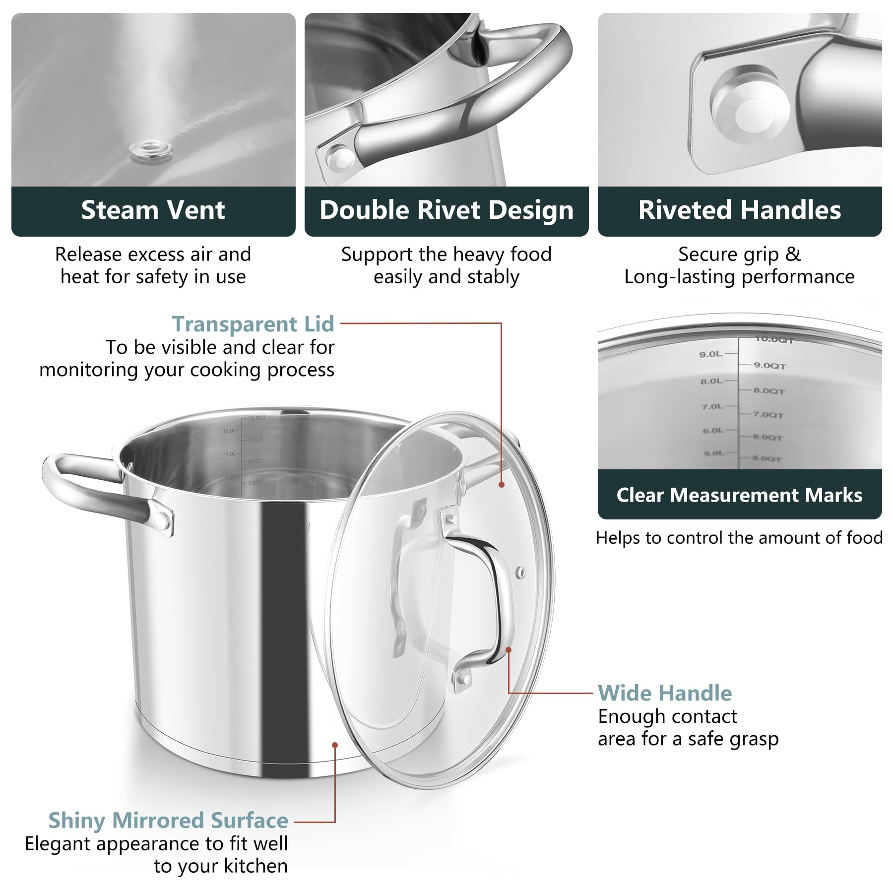 HaWare Pentola grande da 10 l, fondo a tre strati in acciaio inox con coperchio visibile, pentola da 24 cm per pasta/carne/zuppe, adatta per induzione/elettrico/gas/ceramica, sana e facile da pulire