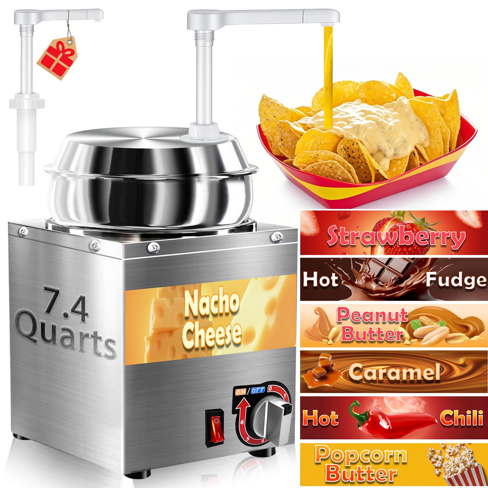 Dispensador de queso Nacho, calentador de queso nacho de 7.4 cuartos con bomba, calentador de caramelo caliente de acero inoxidable con ajuste de temperatura de 6 niveles, dispensador de salsa