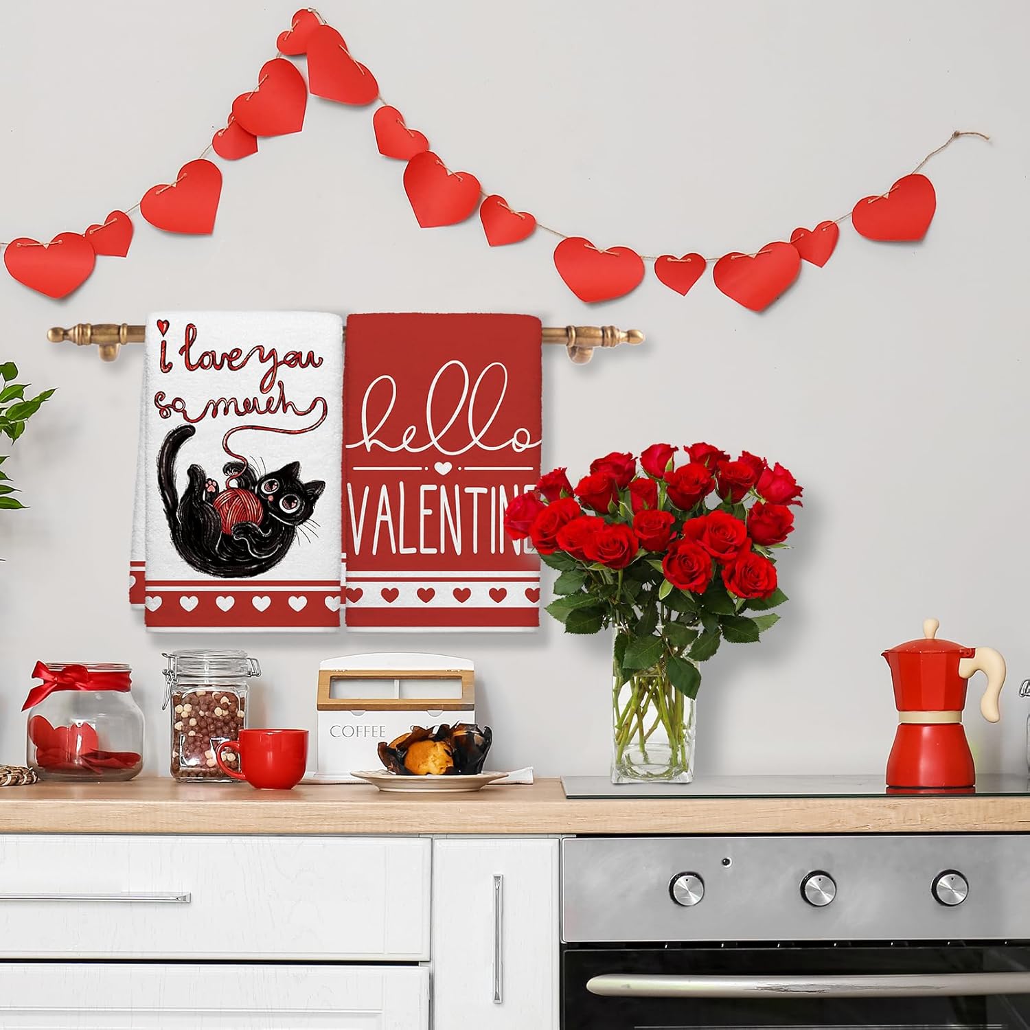Hello Valentines Day Cat Kitchen Towels, Red Heart Dish Towels Set of 2, Spring Cute Black Cat with Yarn 18 x 26 Inch Hand Towel Quick Drying Dishcloth Decor for Kitchen Bathroom Home - Image 2