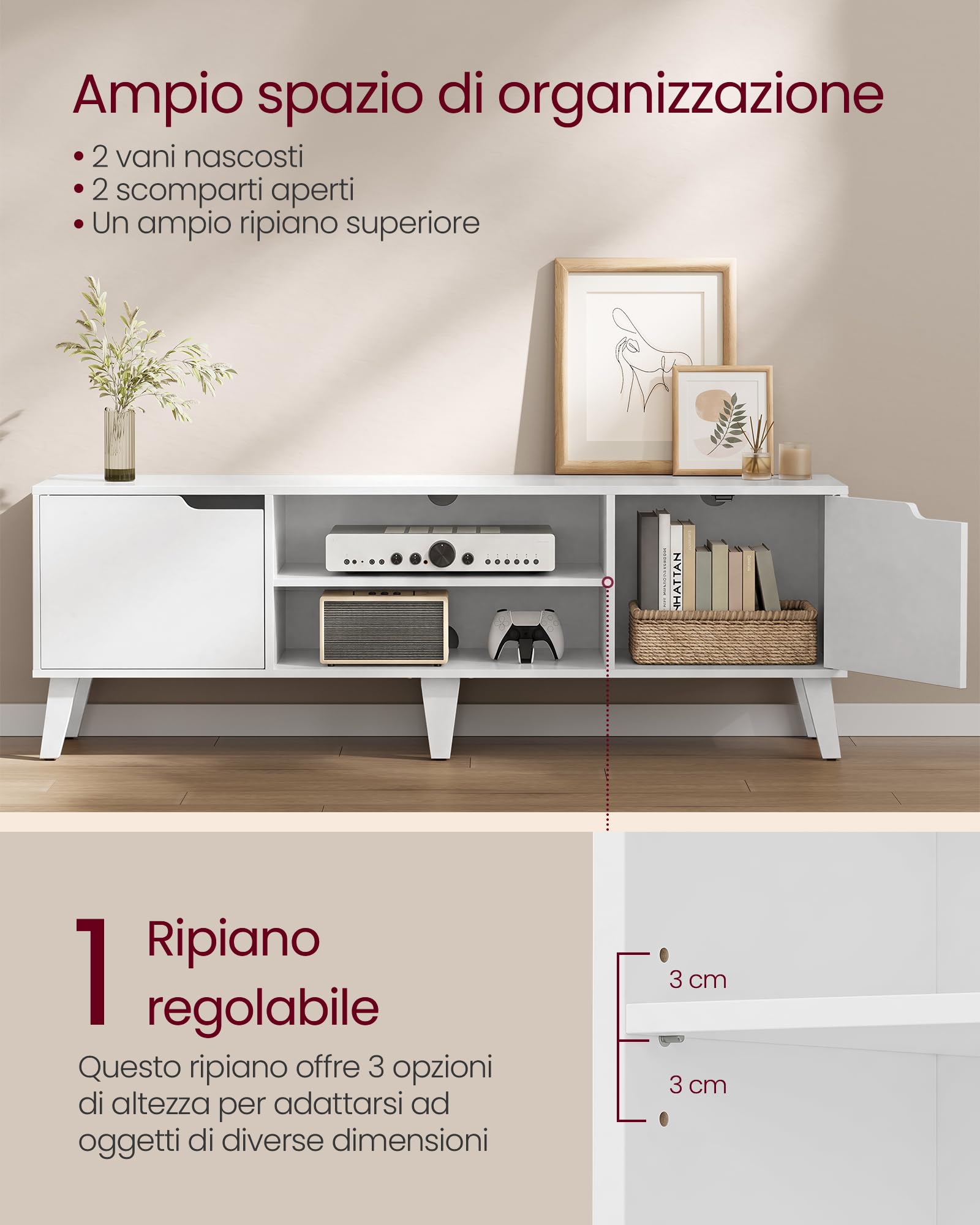 VASAGLE Mobile TV per Televisore fino a 65 Pollici, Armadietto per TV con 2 Ante, Ripiani Regolabili, Lungo 147 cm, per Soggiorno, Camera da Letto, Bianco LTV556W101