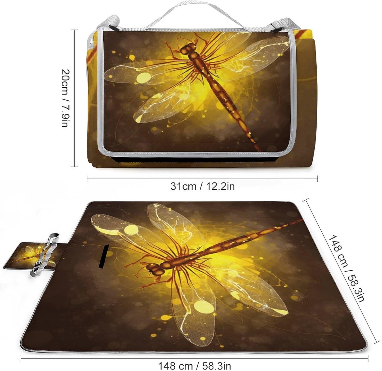 Abstract Yellow Dragonfly Waterproof Picnic Blanket 58.3''x58.3'',Portable and Foldable Picnic Mat with Handle,Outdoor Blankets for Lawn Park Beach Travel