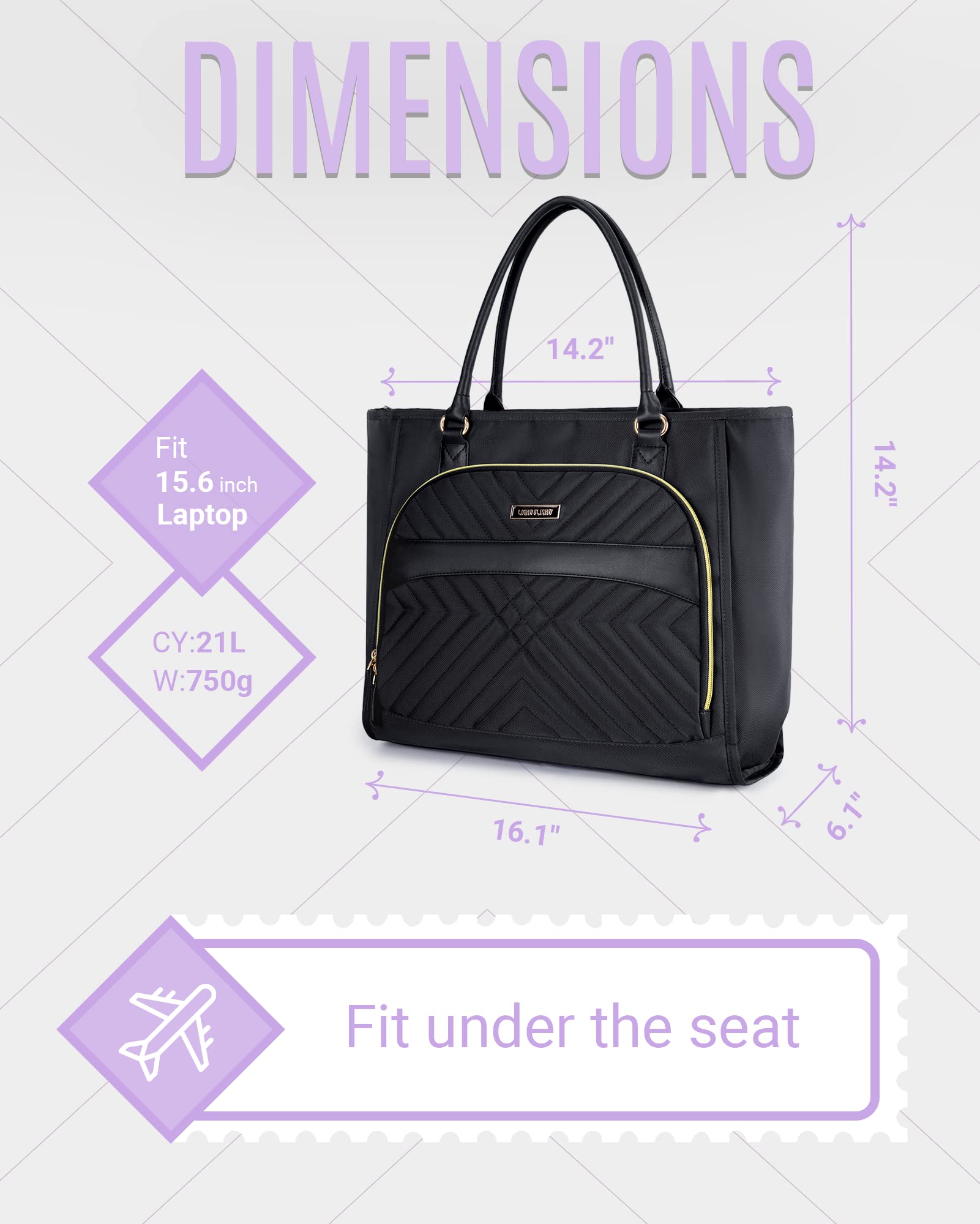 LIGHT FLIGHT Tote Bag for Women, Large Top Handle Handbag 15.6 inch Laptop Bag Quilted Tote With Pocket Black Totes for Work Travel Bag