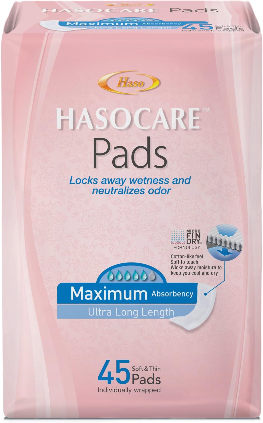HASOCARE Incontinence Pads (Extra Wide, Ultra Thin) for Women, Maximum Absorbency, Ultra Long Length, 45 Count