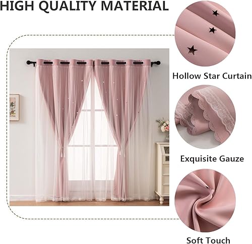 Miniatura 4 de Cortinas opacas de doble capa para sala de estar, dormitorio, cortinas opacas de doble capa de 63 pulgadas de largo, con recorte de estrellas,