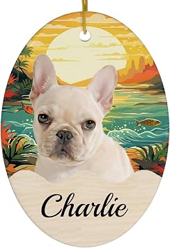 Personalized Pet Name Ornament - Cream French Bulldog Christmas Ornament White Oval Ceramic - Tropical Beach Sunset Portrait Custom Gifts for Dog Lovers
