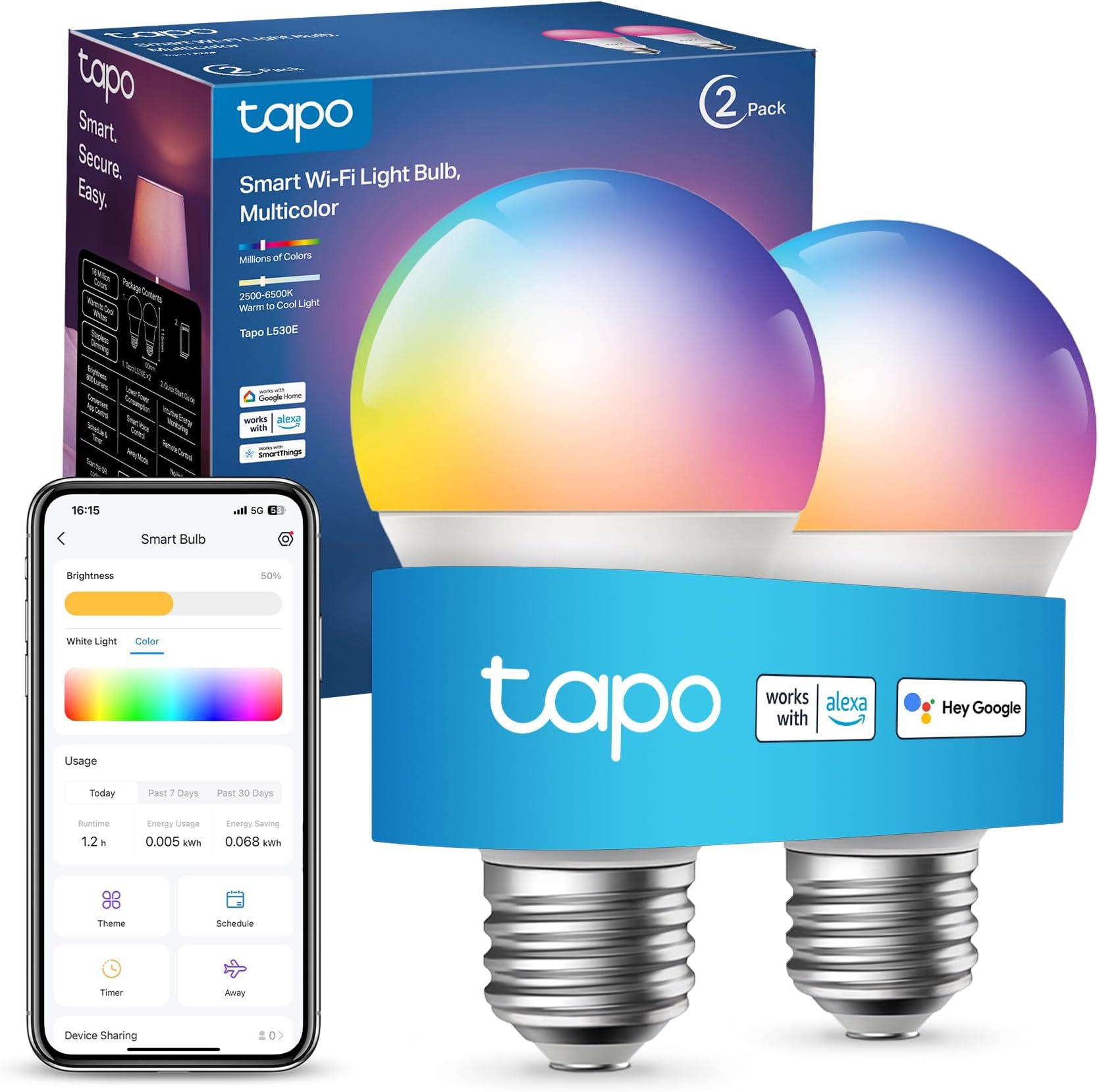 Tapo L530E (2-Pack) E27 Smart Bulb, Alexa Light Bulbs, LED Light Bulb, Extra Bright WiFi Smart Bulb, Colour Changing Light Bulb, Dimmable, 8.3W, Schedule & Timer, Remote Control Bulb, Energy Saving