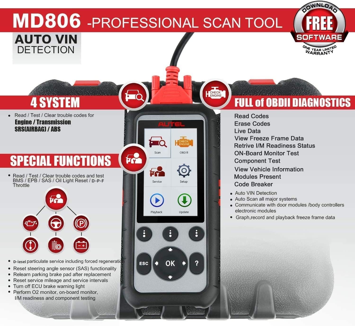 Autel MaxiDiag MD806 OBD2 Scanner, 2023 ABS SRS Engine Transmission Four Systems Diagnostic Scan Tool with Oil Reset, EPB, SAS, D-P-F, BMS, Auto VIN, Read/Clear Codes, Live Data, Freeze Frame Data