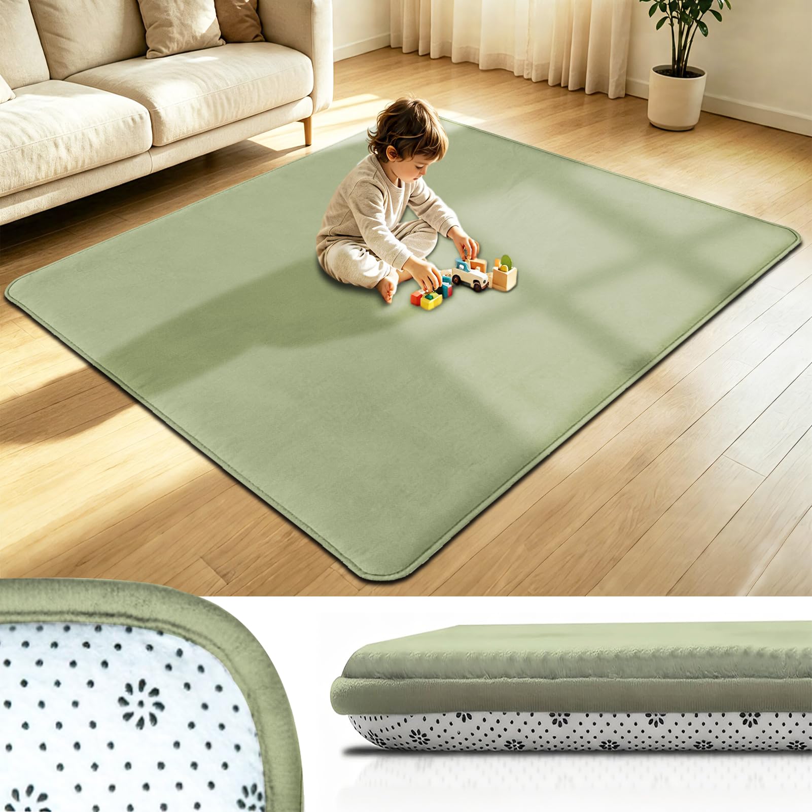 Taxestmy Large Baby Play Mat, Coral Velvet Kids Rug, Soft Play and Tummy Time - 60 x 120 cm Grass Green Easy Care Rug Extra Soft Activity Floor Mat, 1.18" Carpet Crawling Mats for Crawling