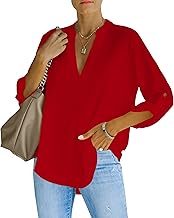 NONSAR Henley Women's Elegant V-Neck Roll Up Sleeve Casual Blouse