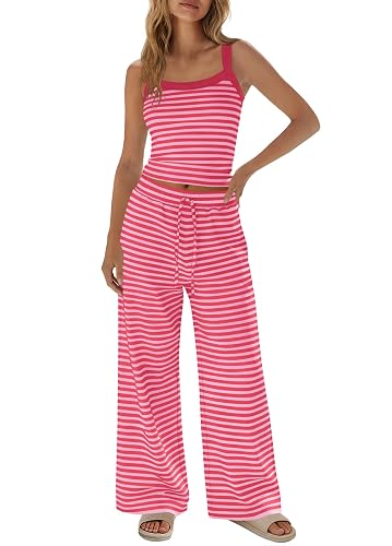 SENSERISE Womens Striped Lounge Set Loungewear | 2 Piece Outfits, Spaghetti Strap Tank Top, Wide Leg Pants, Pajama Sets, Summer Travel Sets, Beach Vacation Outfits