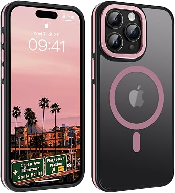 YINLAI Case for iPhone 15 Pro Max, Magnetic [Compatible with Magsafe] Supports Wireless Charging Slim Translucent Matte Men Women Shockproof Protective Back Phone Cover 6.7 Inch, Black/Pink