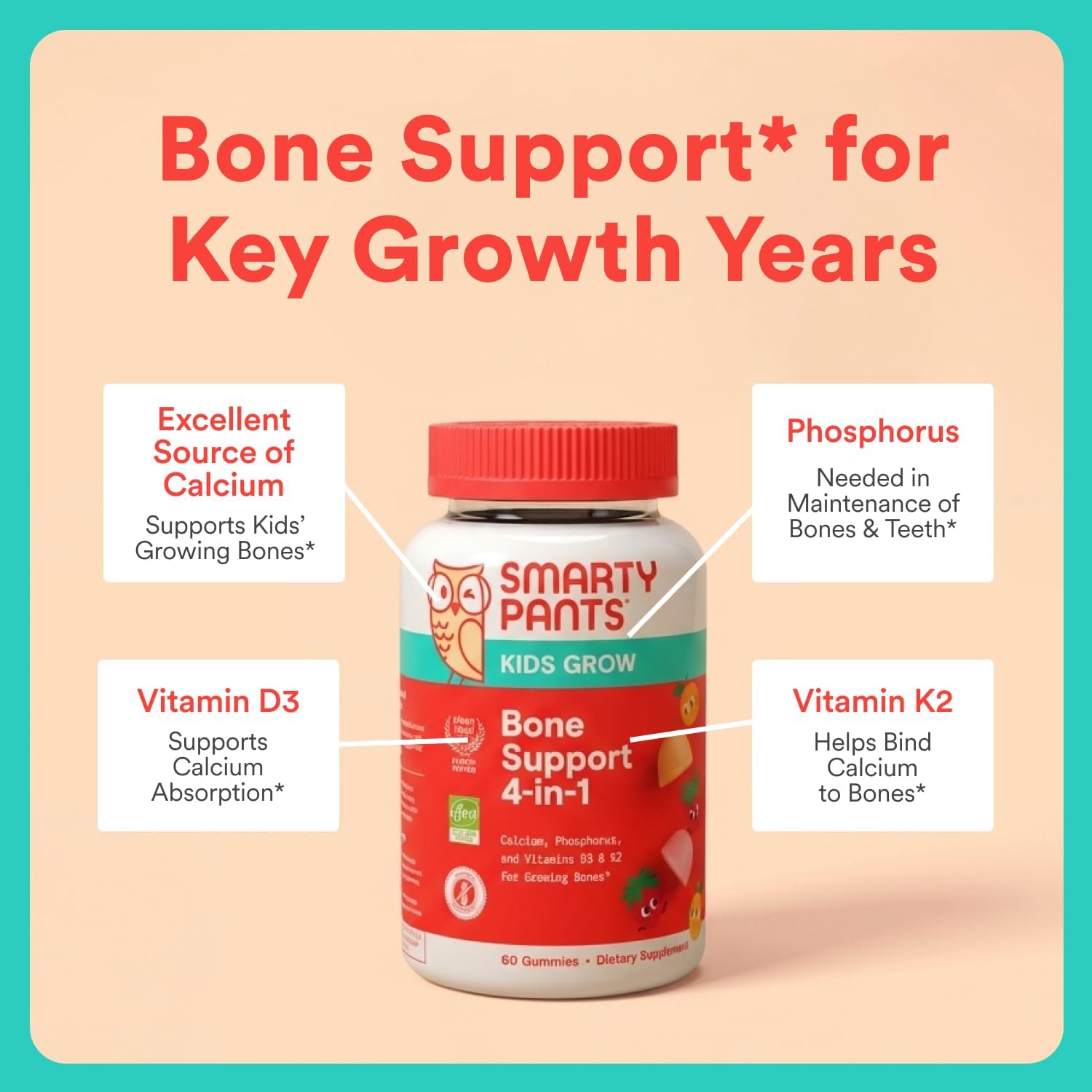 SmartyPants Kids Bone Support 4-in-1 Gummies with Calcium, Vitamin D3, K2 & Phosphorus for Growing Bones, Strawberry Mango, 60 Count (30 Day Supply)