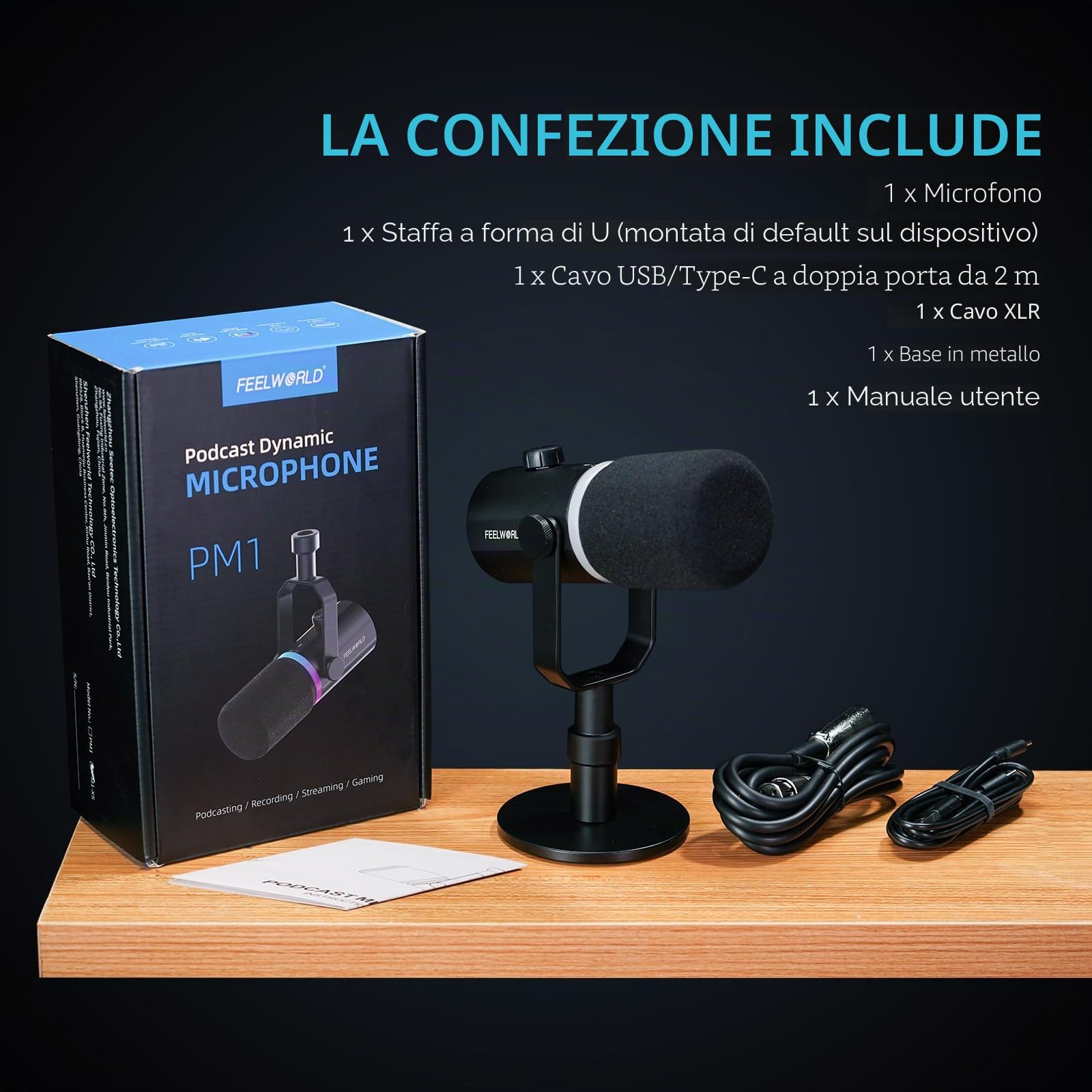 FEELWORLD PM1 - Microfono dinamico XLR USB per podcasting, gaming, live streaming, con cavo XLR e base in metallo