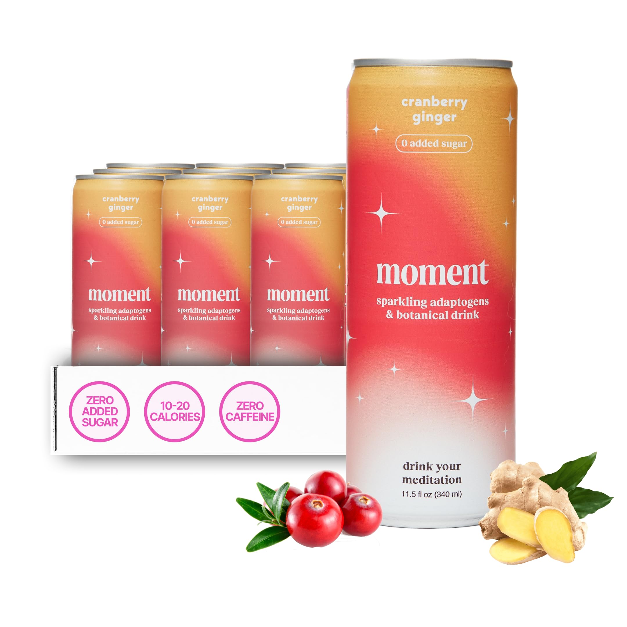 Moment Botanical Soda Soft Drink (Shark Tank) - SPARKLING Non Alcoholic Drinks | Cranberry Ginger | L-Theanine & Ashwagandha for Calm & Clarity | 0 Added Sugar 0 Caffeine | 12-pack