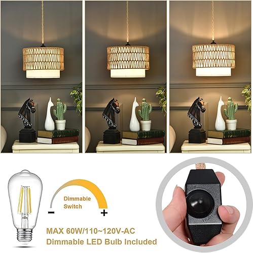 Miniatura 3 de Lámpara colgante bohemia de ratán con cable de enchufe, lámpara colgante de interior con interruptor de atenuación, pantalla de mimbre tejida de