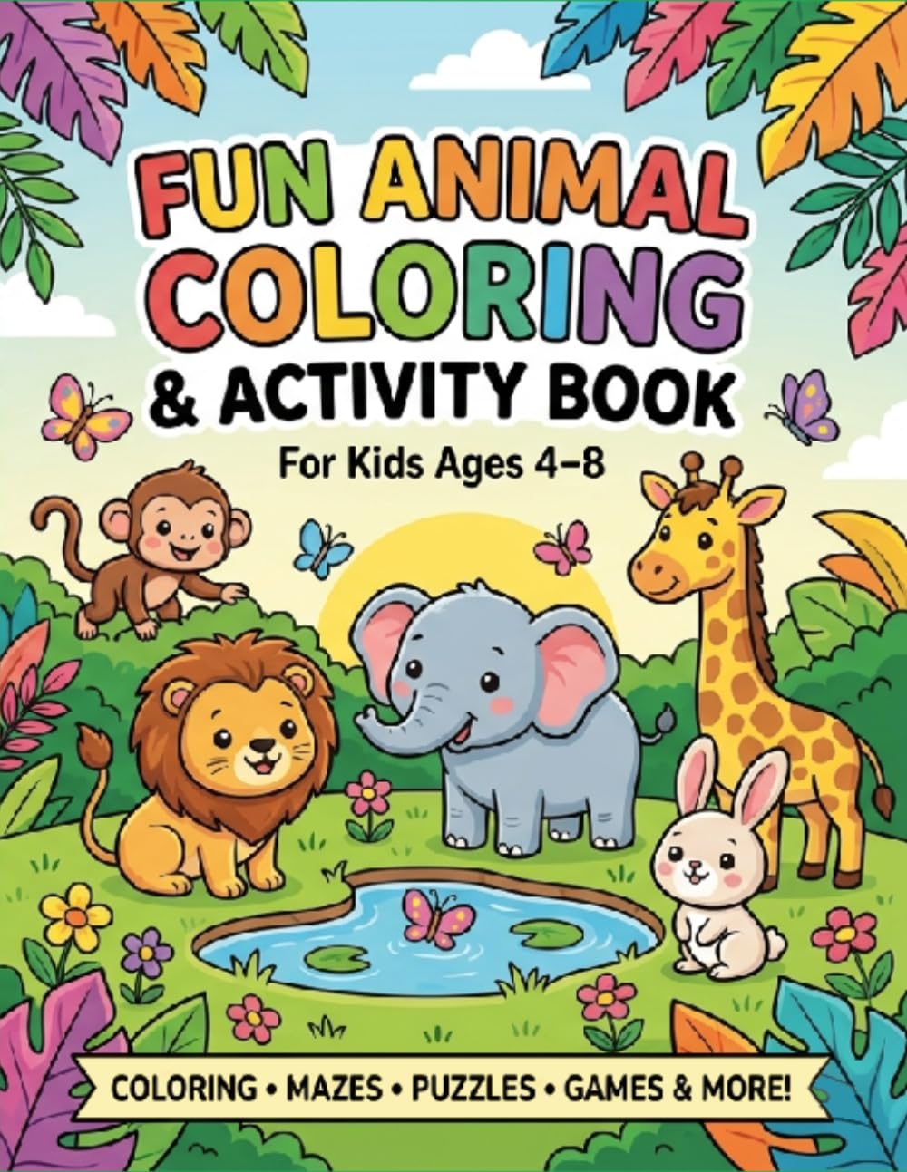 Fun Animal Coloring & Activity Book: Cute Animals, Mazes, Puzzles and Games for Kids Ages 4–8