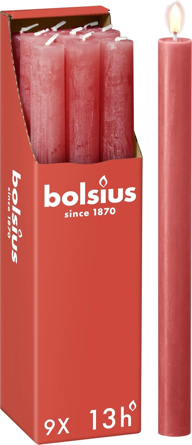 Bolsius Tapered Dinner Pillar Candles - Pink - Pack of 9 - Long Burning Time of 13 Hours - Household Candle - Interior Decoration - Unscented - Natural Vegan Wax - 27 x 2.3 cm - Mother's Day