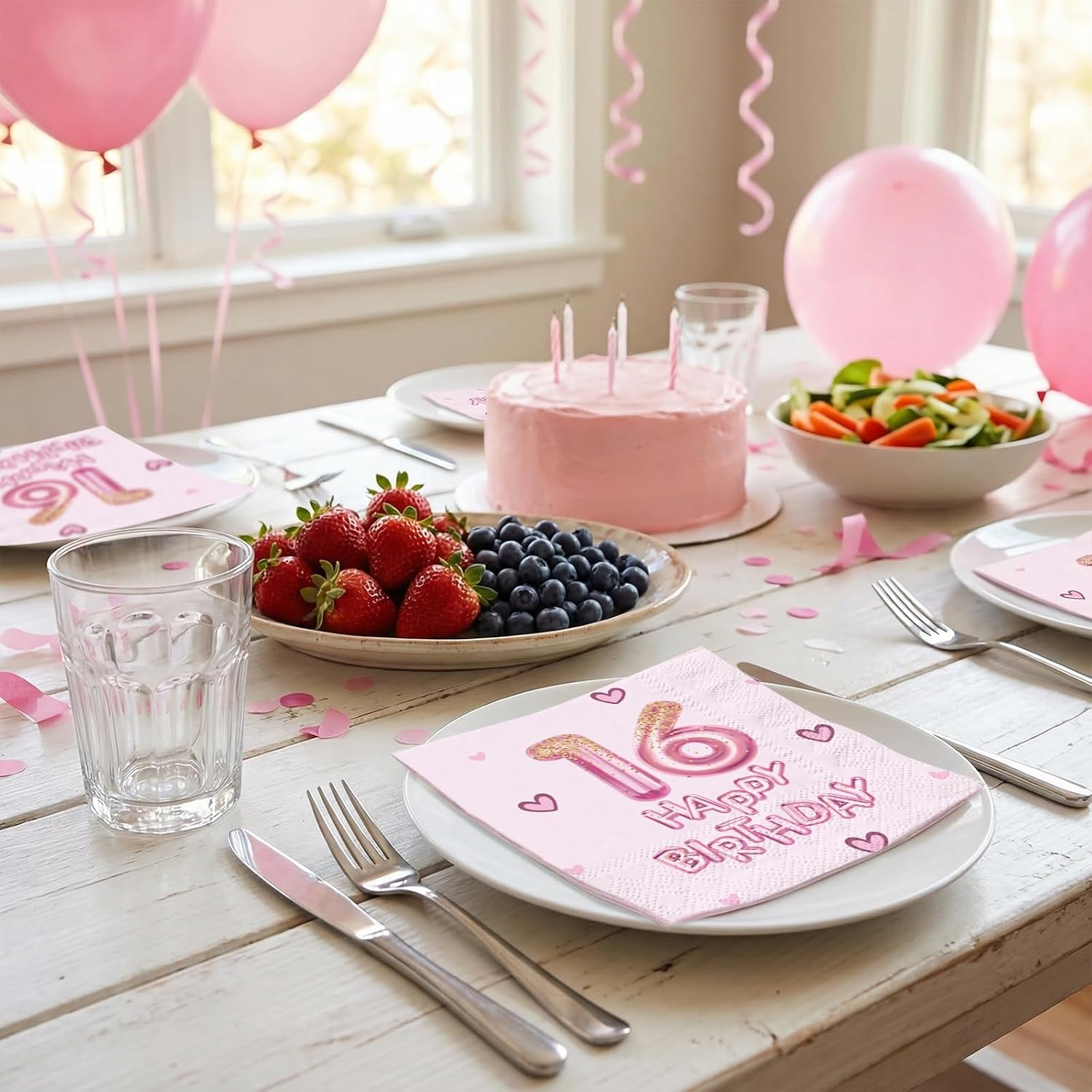RUSPEPA 25 Pcs 16th Birthday Paper Napkins, Pink Glitter "16 Happy Birthday" Balloon Design, 3 Ply Disposable Cocktail Lunch Napkins for Girls Teens Sweet 16 Party, Tableware Decor, 6.5 x 6.5 Inch