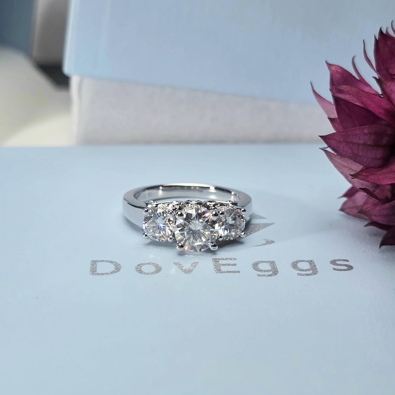 DovEggs 3-Stone Moissanite Wedding Rings for Women Moissanite Engagement Rings, 2ct Total FGH Color H&A Cut Antique Lab Grown Diamond Sterling Silver with 18K White Gold Plated