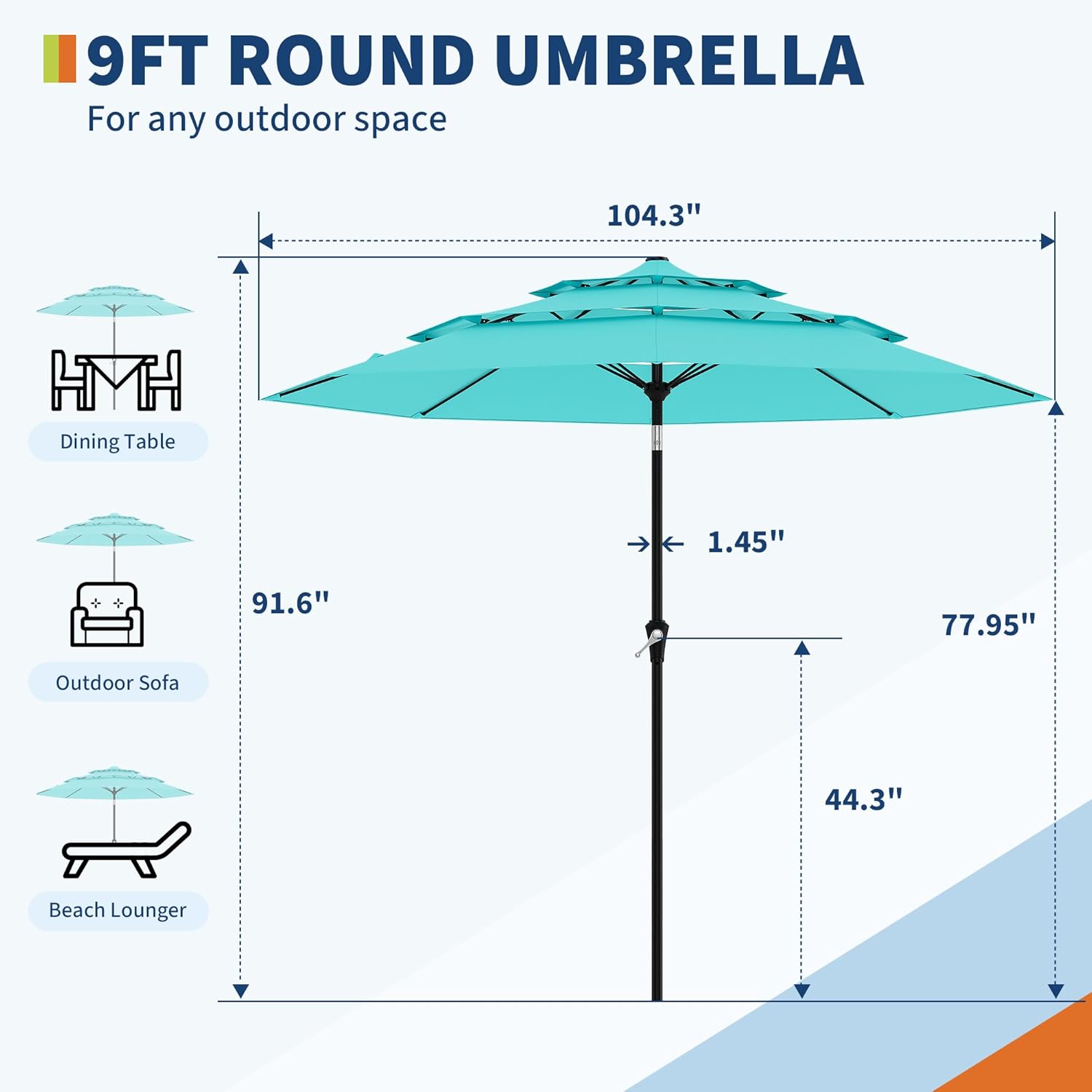 PeakPursuit 3 Tiers Patio Market Umbrella 8 Ribs, 9FT 3 Tiers Heavy Duty Outdoor Umbrella with Ventilation and Hand Crank