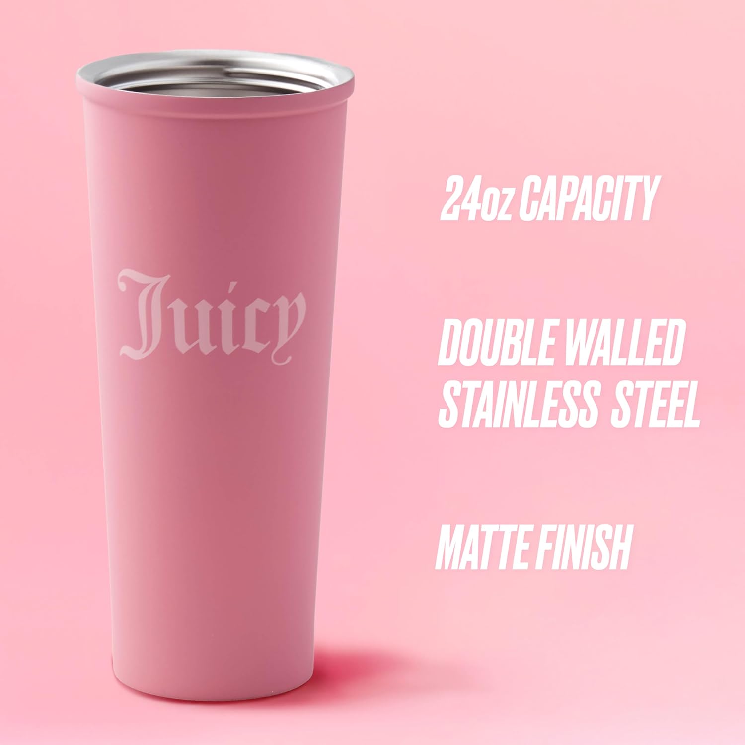 Juicy Couture 6-Piece Tumbler Gift Set With 24oz Stainless Steel Tumbler With Reusable Straw, 3 Straw Toppers and Cleaning Brush, Pink