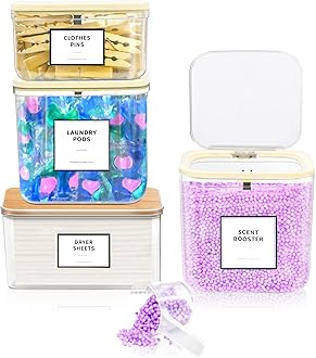 Laundry Pods Container for Laundry Room Organization, Laundry Pod Up Holder with Labels and Scoops, Laundry Detergent Powder Container, Dryer Sheet Holder