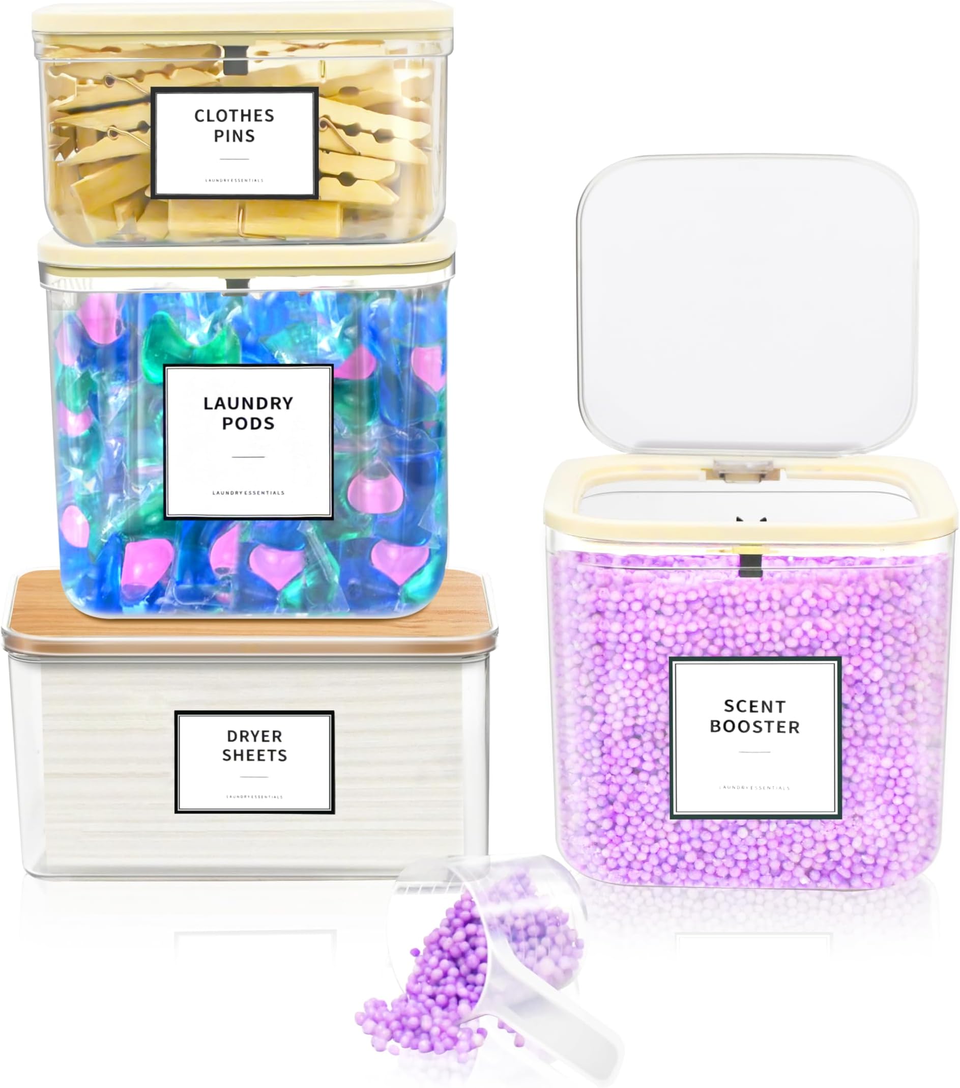 Laundry Pods Container for Laundry Room Organization, Laundry Pod Up Holder with Labels and Scoops, Laundry Detergent Powder Container, Dryer Sheet Holder