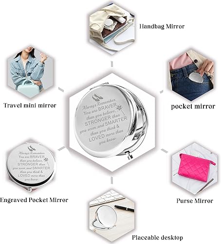 Miniatura 2 de BAUNA Always Remember You are Braver Than You Believe - Espejo de maquillaje de bolsillo inspirador para mujer (color acero con espejo en ancho)