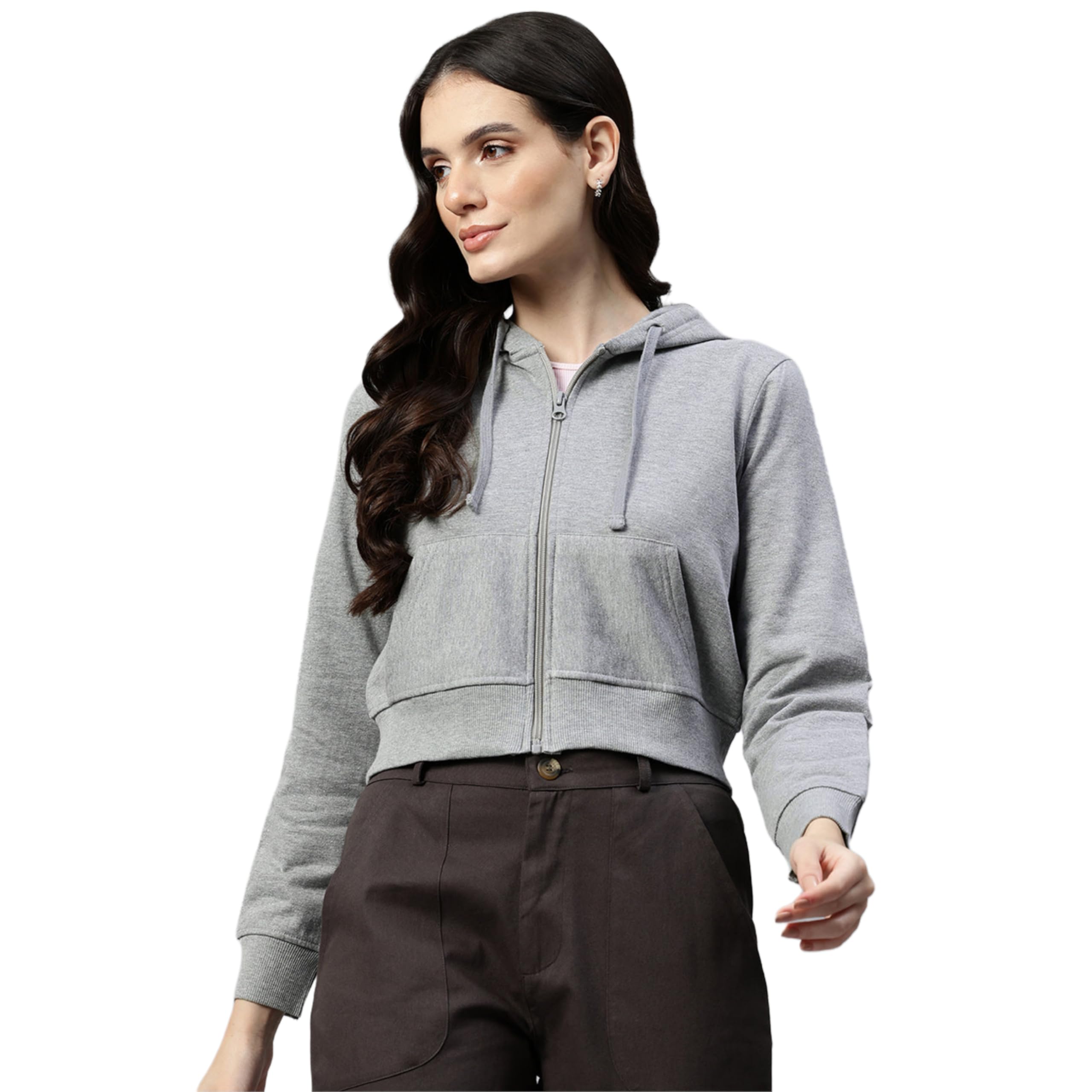 Barmanic Casual Long Sleeve Solid Front Zipper Crop Hoodie for Women and Girls-image-5