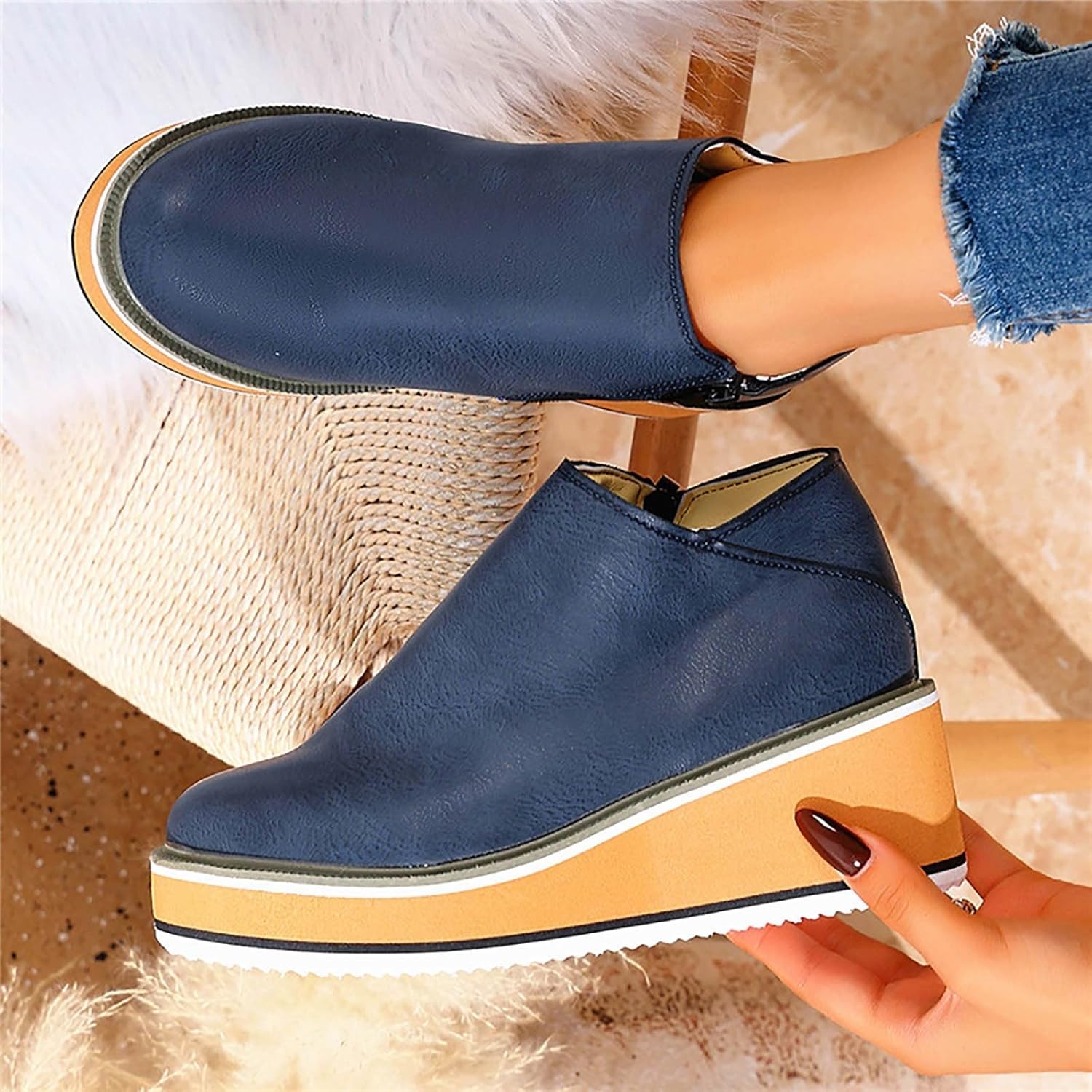 Women Ankle Boots with Wedge Heel and Round Toe for Casual Winter Wear Thick Bottom