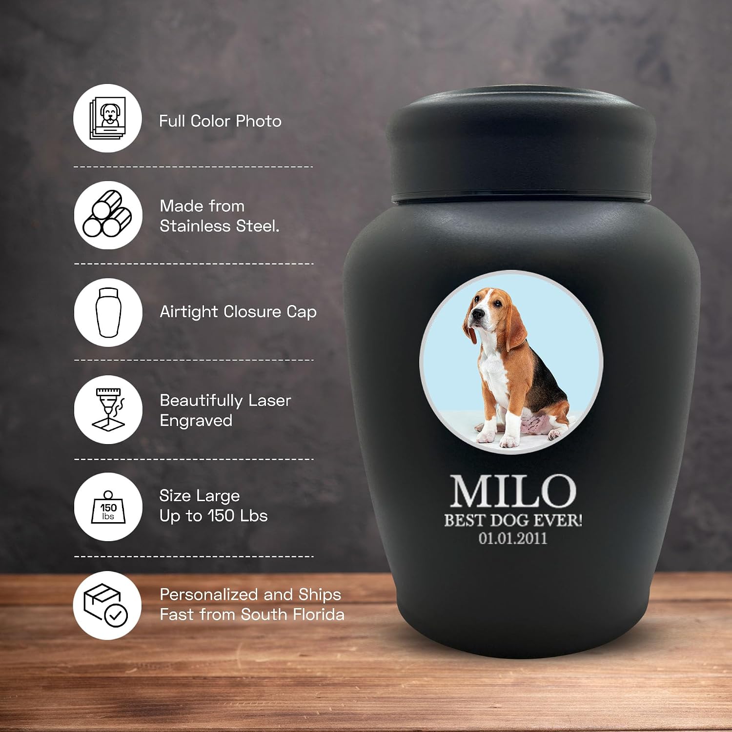 Personalized Custom Photo Dog Urn Engraved Dog Name and Date Stainless Steel Cremation Urns for Dogs Ashes with Pet Photo | Pets Up to 150 Lbs | Large 8.2" x 6.5" | Black
