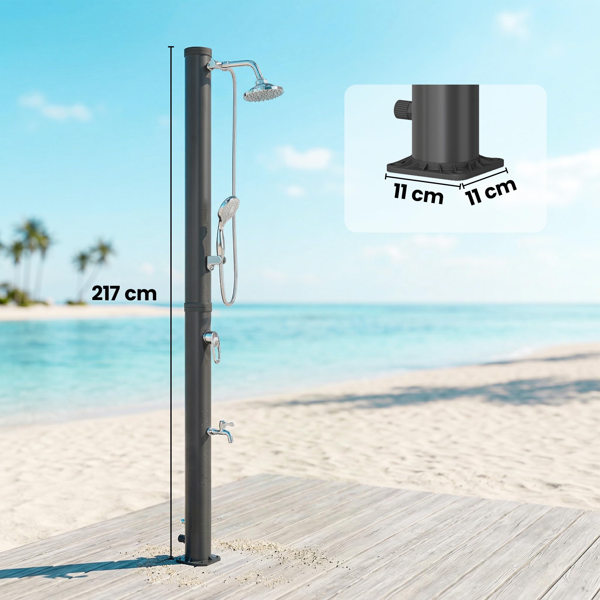 Outsunny Doccia Solare da Giardino 20L con Protezione Antigelo Nero | 2 Soffioni a Pioggia, Rubinetto per Piedi, Acqua Calda max. 60°C, per Piscina Campeggio, Senza Elettricità