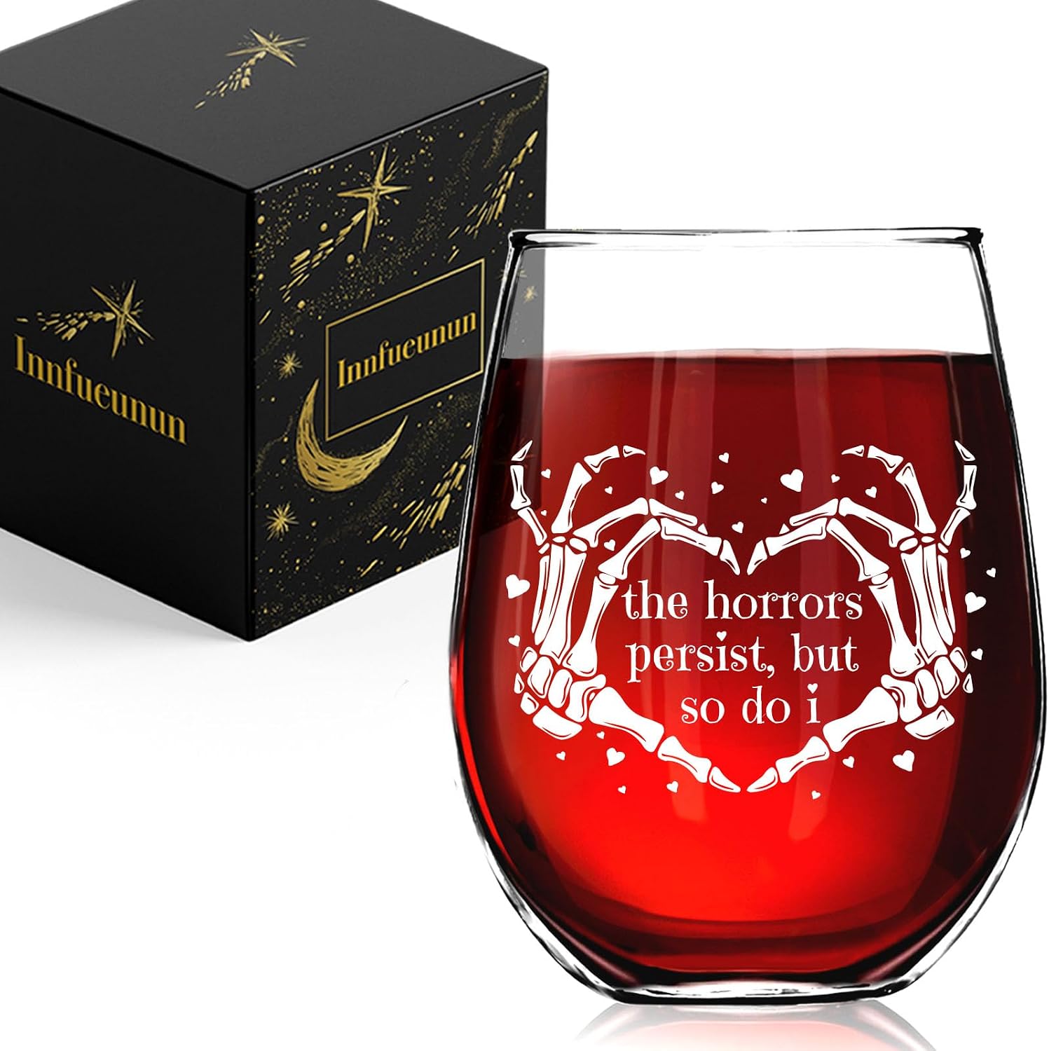 The Horrors Persist But So Do I Wine Glass,Skeleton Heart Hands,Funny Halloween&Valentine's Day Wine Glass,Funny Ideas for Her His,15oz