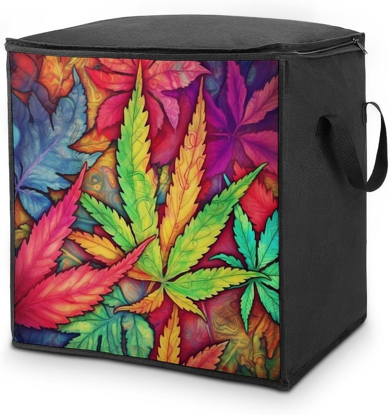 MultiColor Leaf Weed Art Storage Bag Garment Organizer with Handles & Zipper for Comforters Blankets Pillows Foldable