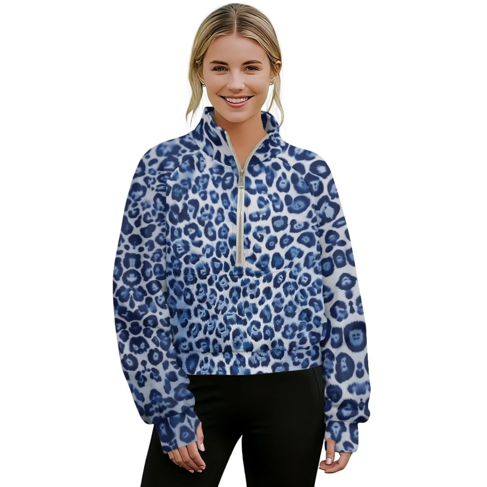 Poceacles Bluza z zamkiem do połowy przycięta bluza dla kobiet graficzny sweter z dziurką na kciuk długi rękaw bez kaptura top szyja sweter