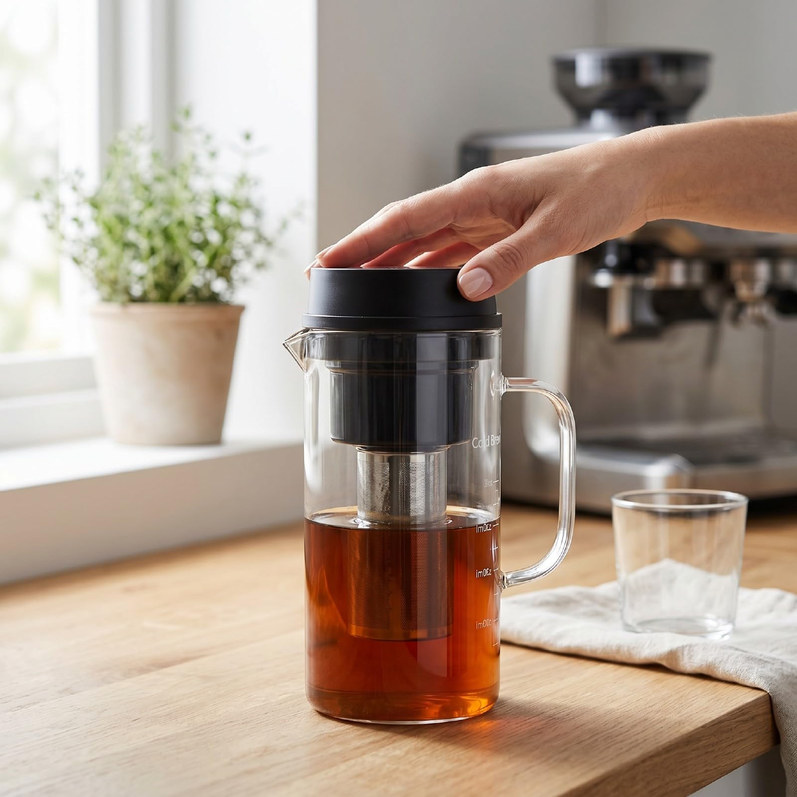 Fockety Caraffa per caffè Cold Brew, Infusore Elettrico Ricaricabile per tè, 700 Ml con Coperchio Ermetico Antigoccia e Filtro in Acciaio Inox for Casa e Ufficio (Black)