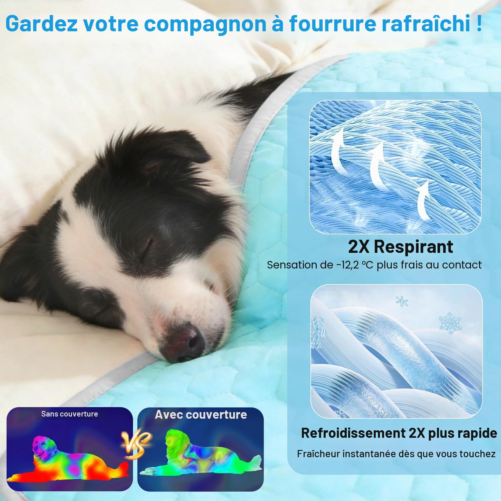 Vivifying Tapis rafraîchissant Chien 152 x 101 cm, Couverture Chien imperméable réversible en Soie glacée & Velours, Auto-refroidissant, Lavable, été/Hiver, canapé, lit, Cage, Sol, Auto (Bleu/Gris)