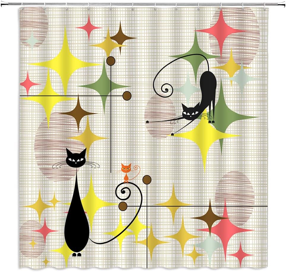 Mid Century Atomic Black Cat Shower Curtain Retro ​Atomic Stars ​Abstract Iconic Cute Animal 1950s 1960s Vintage Geometric Fabric Bathroom Decor Curtain with Hooks