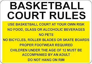 Aluminum Horizontal Metal Sign Multiple Sizes Basketball Court Rules at Your Own Risk No Food Glass Yellow with Border Weatherproof Street Signage 14x10Inches