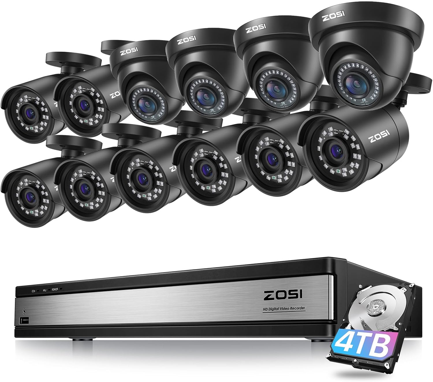 ZOSI 1080P Security Camera System Outdoor Indoor with AI Human Vehicle Detection, H.265+ 16 Channel DVR with 12 x 2MP Weatherproof Bullet Dome Camera, Remote Access, Motion Alert Push, 4TB HDD