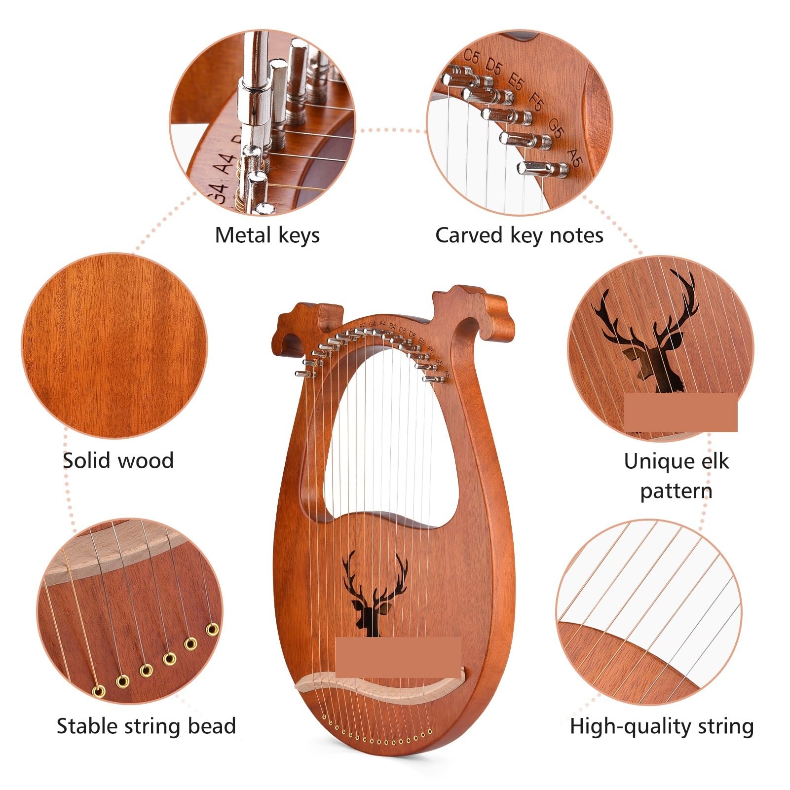 Arpa a lira Strumento a corde in legno massello for arpa a lira a 16 con for martello accordatura motivo alce for principianti